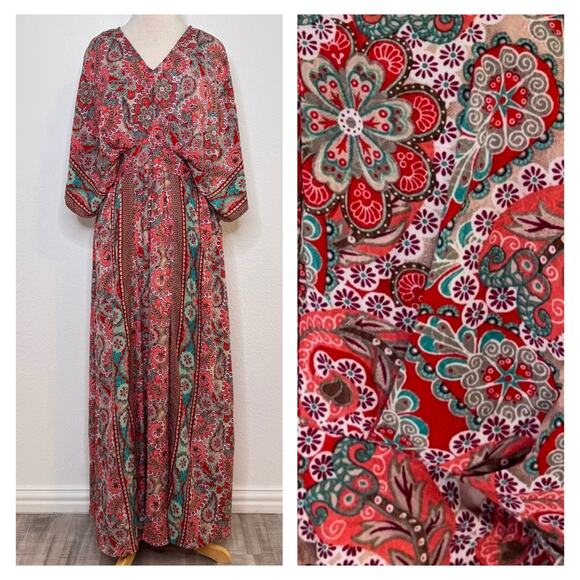 Boeme Womens Paisley Print Maxi Dress Size M Pink Teal Kimono Sleeve Boho Resort - Picture 1 of 13